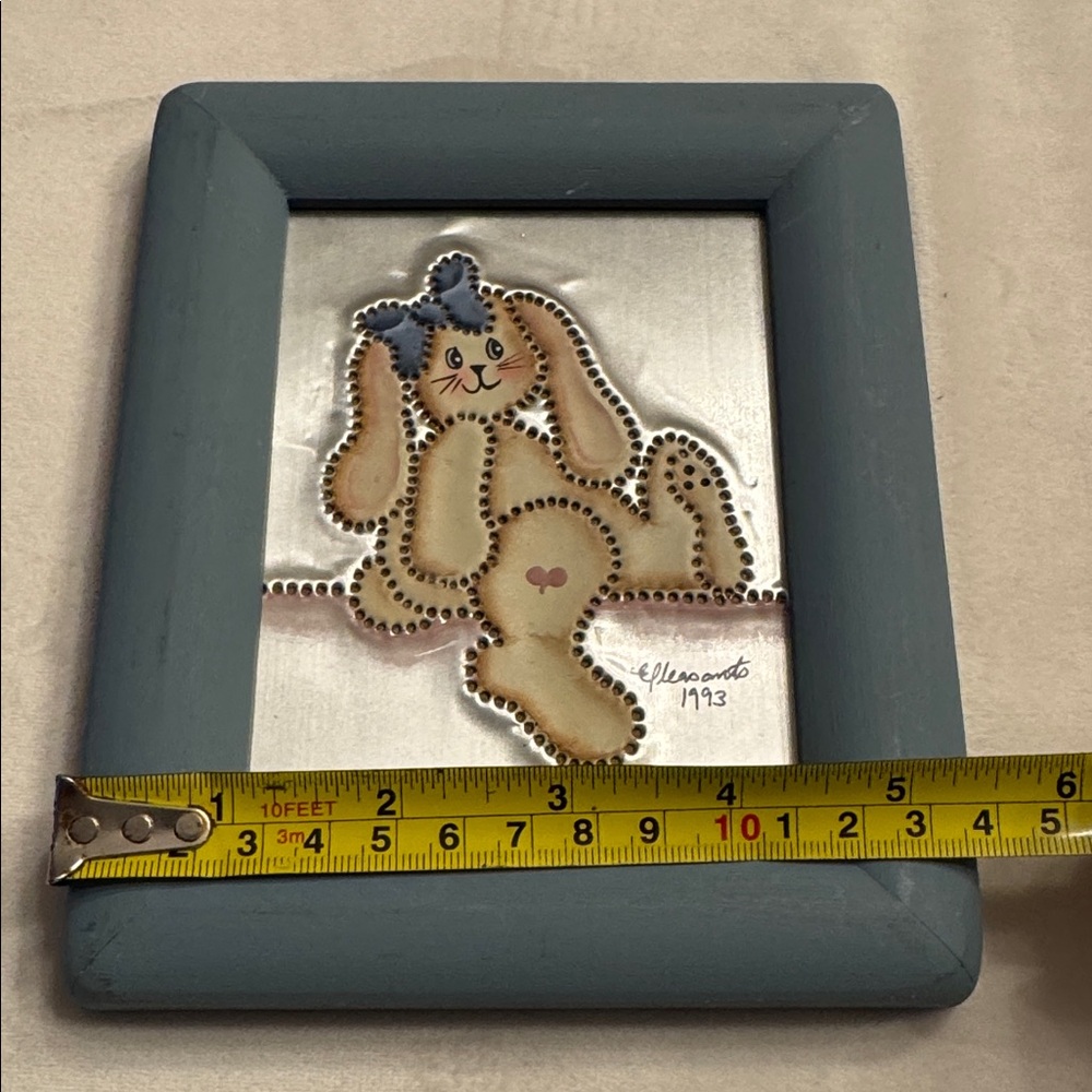 Vintage! The Pleasant Look Framed Hand Punched + Painted Tin Bunny Artwork - Picture 8 of 8